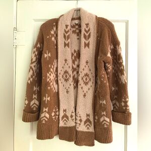 Knox Rose Brown and Cream Cardigan Sweater with Geometric Patterns S